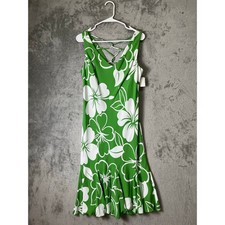 Vintage Tropical Hibiscus Floral Midi Dress Green White Resort Vacation S New