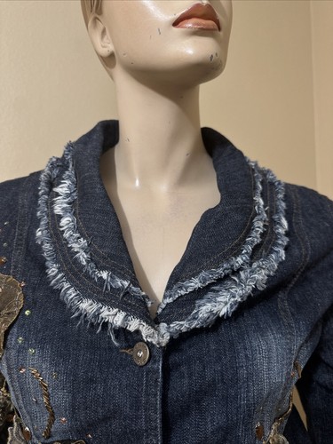 Women’s Blue Cotton Denim Casual Stretch Beaded Glitter Patches Size M Jacket - Picture 3 of 24