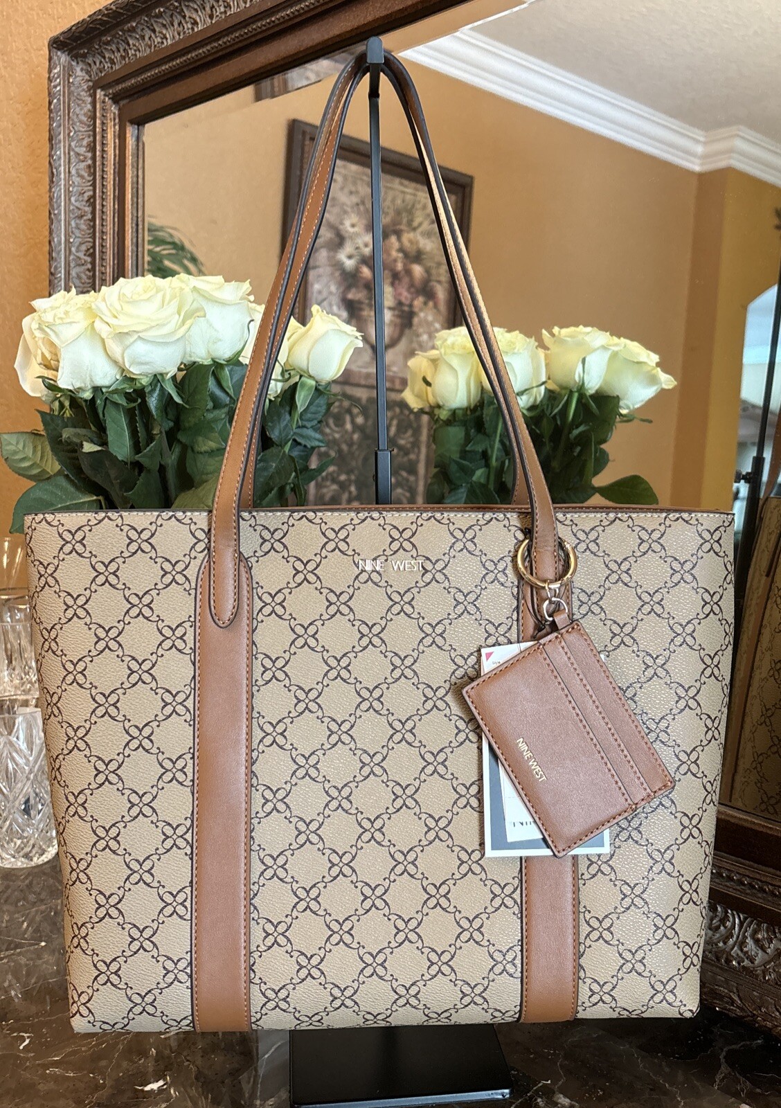 Nine West Tote Bag Large Mocha Logo With Removable Card Case New  