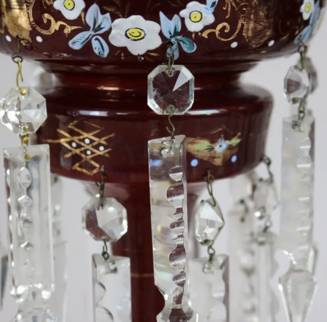 PAIR OF ANTIQUE VICTORIAN DECORATED ART GLASS MANTEL LUSTERS WITH