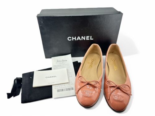 CHANEL Pink Patent Leather Cap Toe CC logo Ballet Flats Shoes Size 37 With Box
