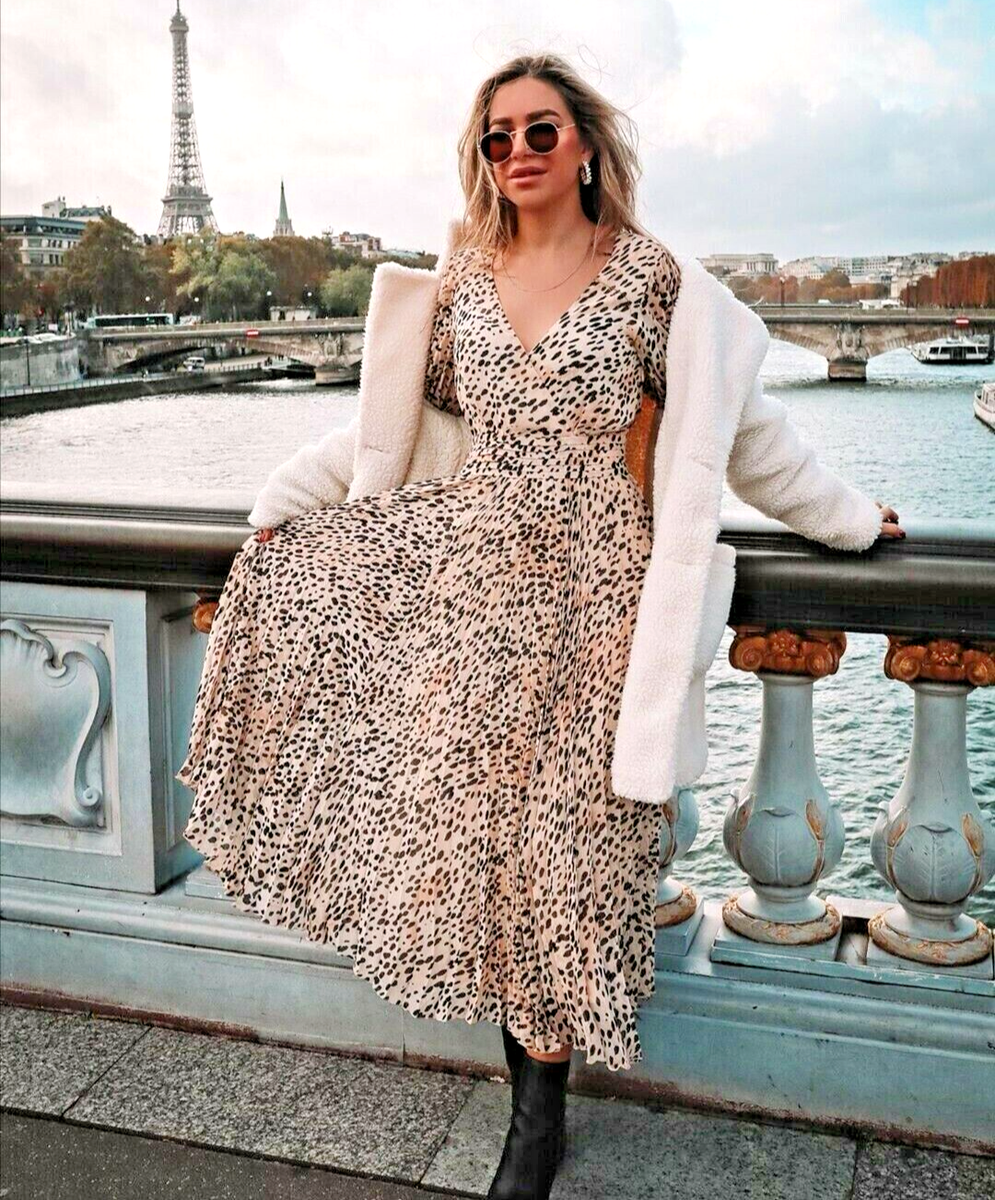 H&M Cream Beige Animal Leopard Print Balloon Sleeve Pleated
