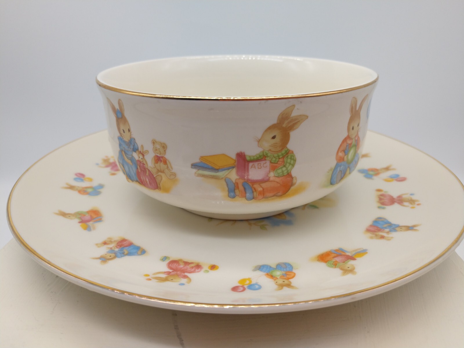 Child Rabbit Plate and Bowl Mount Clemens Pottery Japan Spring Easter 7.5 in