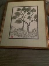 Chinese Artist Mark, Original Painting 2 Trees on White Silk Sign on Back, Frame