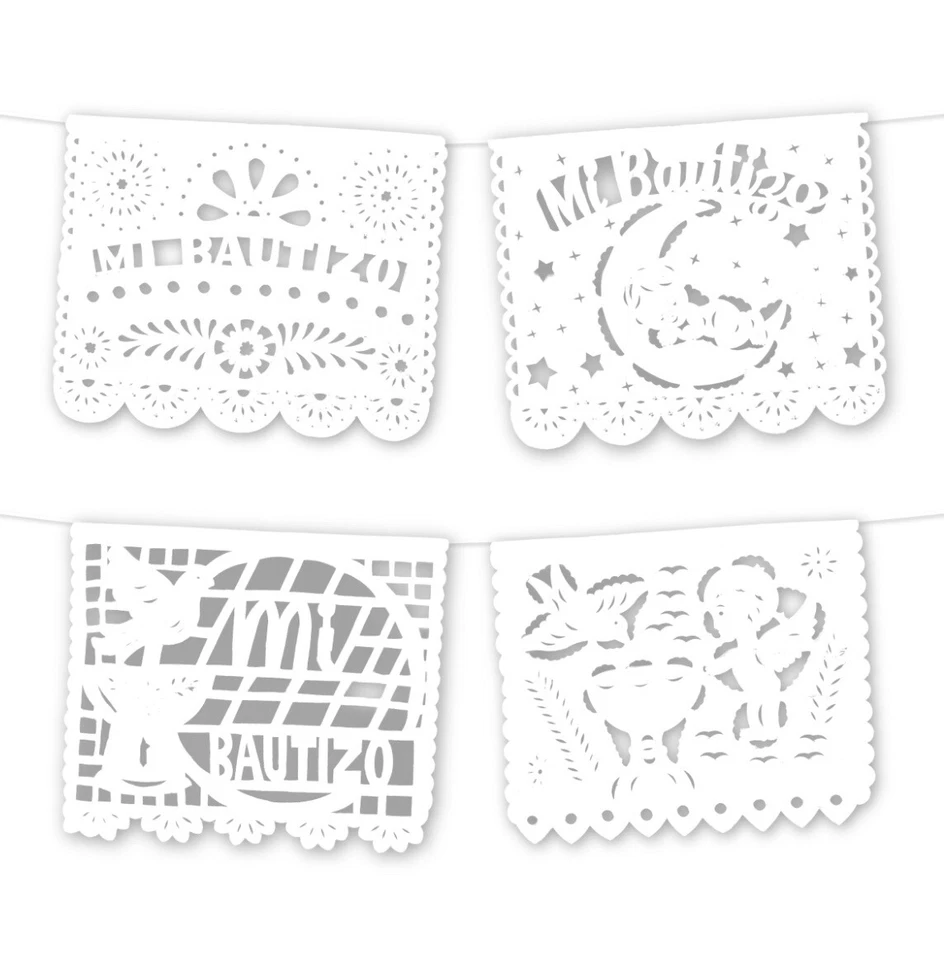 Banners de fiesta Bautizo ~ Paquete de 3 pancartas de 18 pies cada una - Papel de plástico Picado blanco Foto 4 de 4
