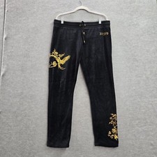 BCBGMAXAZRIA Women Activewear Pants XL Black Sweats Velour Rhinestones Logo