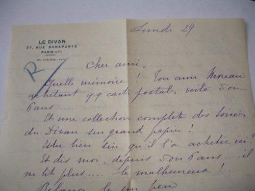 Lettre autographe à Françis Eon Entete " LE DIVAN " 37, rue Bonaparte Paris VIe - Picture 2 of 5