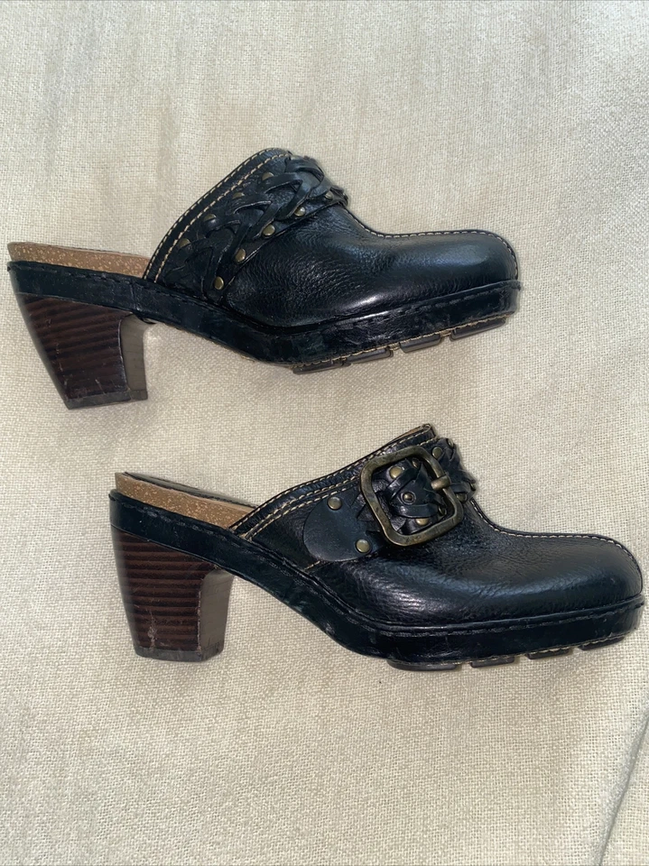 Zuecos tejidos FRYE para mujer talla 7,5 CANDICE DBlack hebilla cuero tacón mula Foto 3 de 4