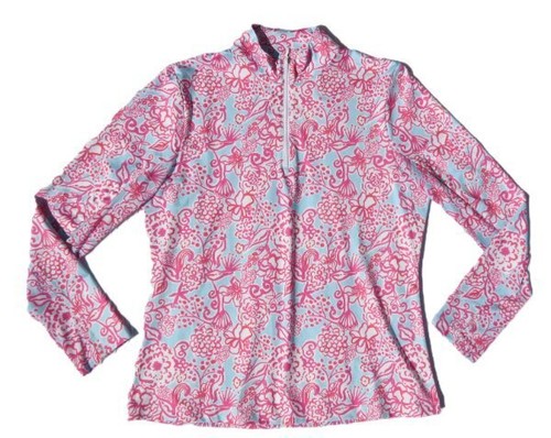 GOTTEX US Women’s M Pink Blue Floral Print Half Zip Athletic Shirt Top Long Slvs - Picture 3 of 6