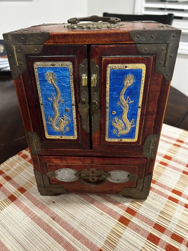 RARO JOYERO CHINO CLOISONNE REPOUSSE ESMALTE AZUL DRAGÓN BLANCO MADERA JADE - Imagen 19 de 19