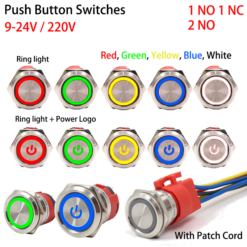 9V-24V/220V 22mm Steel LED Illuminated Waterproof ON/OFF IP52 Push