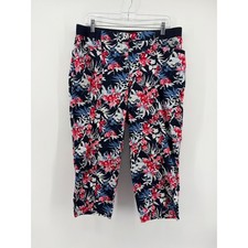 Chico's Womens 2 / US L Navy Blue Floral Capri Pants Stretch Cropped Tropical