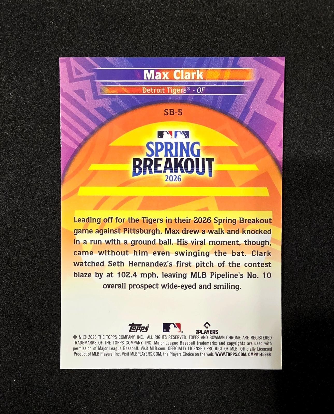 2026 Bowman Chrome #SB-5 Max Clark Spring Breakout 2026 Refractor Tigers view 2