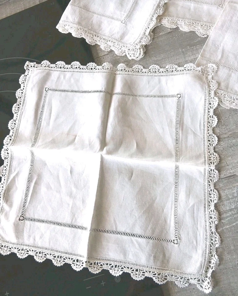 4 SERVIETTES à Thé Anciennes Brodées Ajourées avec Dentelle TBE - Photo 2/4