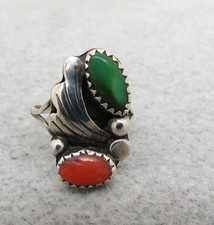 Green Turquoise Coral Ring Navajo Size 5.5 Sterling Silver Southwestern Signed