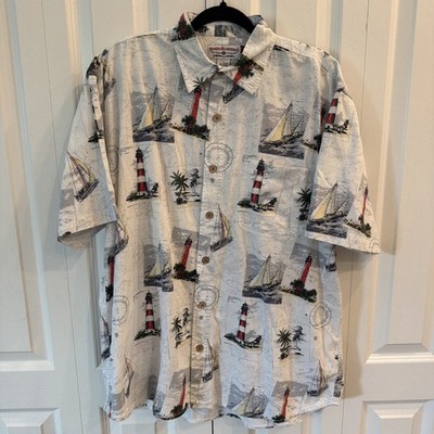 Boca Classics Nautical Shirt Mens L Lighthouse Sailboat Print Short Sleeve