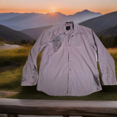 Roar Poplin Douce Shirt Mens XL Light Gray Embroidered Button Up Long Sleeve