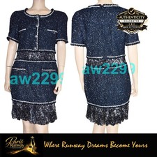 CHANEL 12P Fantasy Tweed CC Logo Pleated Dress Blue, Black, White 40 New 10.7K