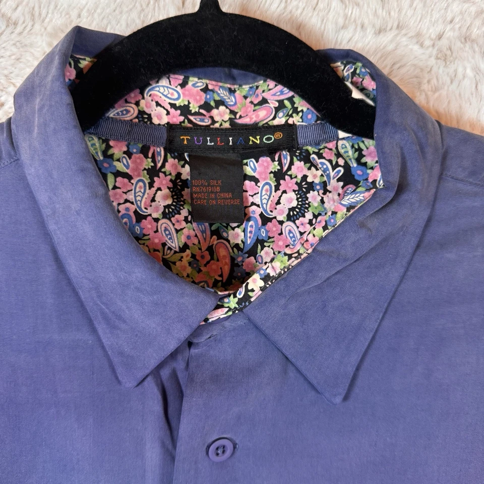 Camisa Tulliano XL Azul Seda Manga Larga Bolsillos Abotonados Floral Puños Cuello Foto 4 de 4