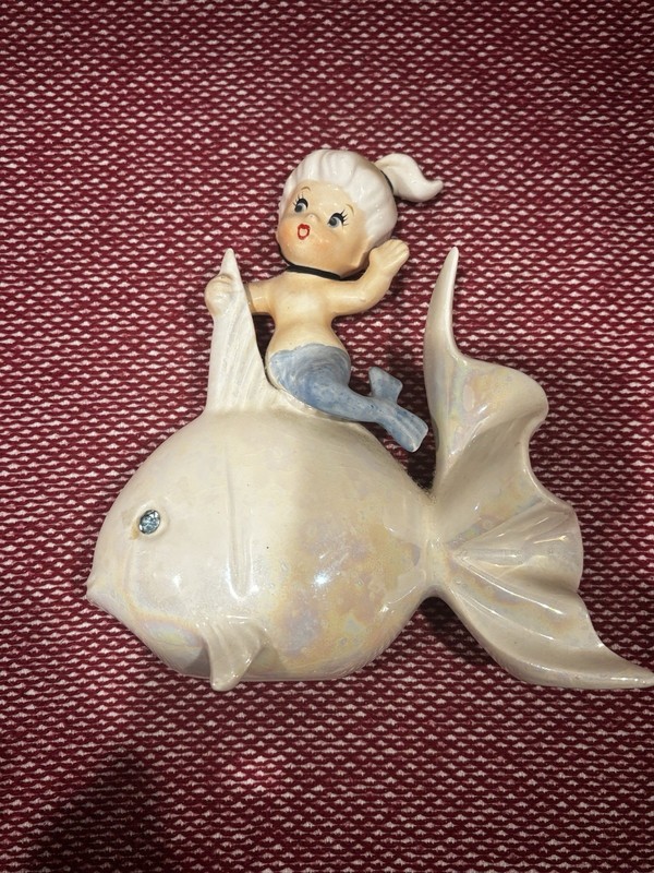 Vtg 1950s Norcrest Ceramic Mermaid on Iridescent Fish Wall Plaque Or Free Standi