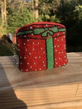 Vintage Beaded Christmas Present Coin Purse with Zipper Key Chain.