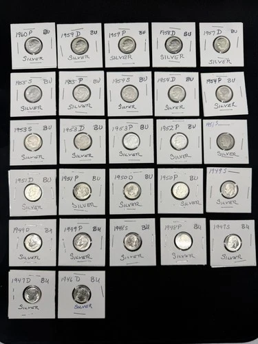 27-Coin Silver Roosevelt Dime Collection 1946-1960 | 90% Silver | 25 BU + 2 Circ