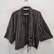 Toast Ikat Kantha Gown Black Green Striped Oriental Short Kimono Jacket Uk 12