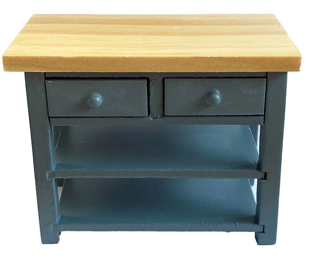 Dolls House Blue & Oak Island Work Table Modern Miniature Kitchen Furniture