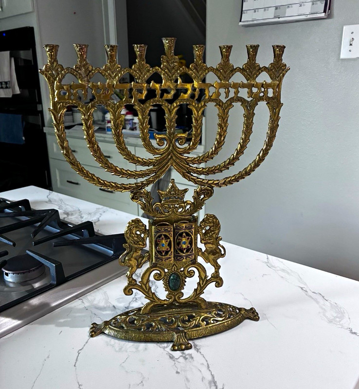 Gold-Tone Metal Judaica 9-Branch Hanukkah Menorah Candle Holder, Hebrew Tablets