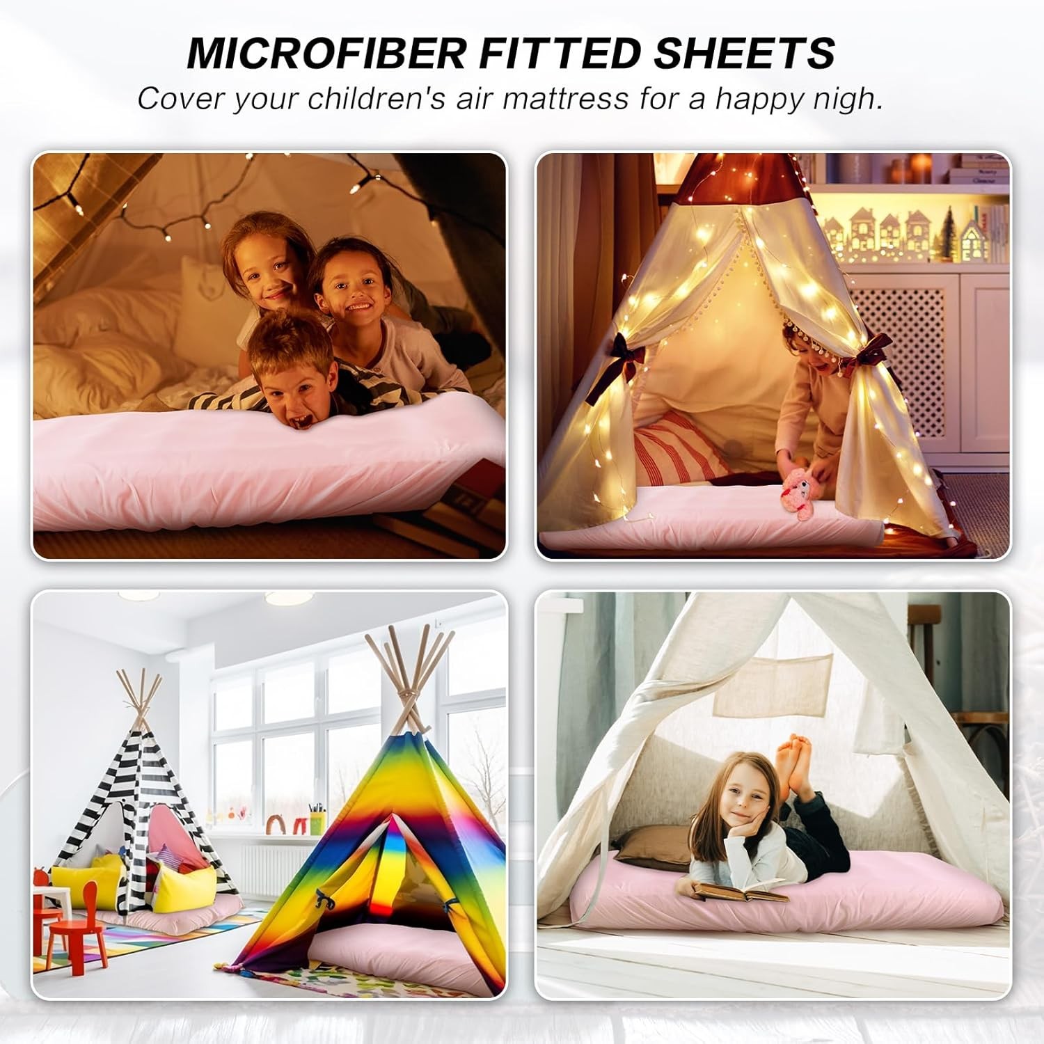 Children's inflatable mattress for camping and other (pink, 6-piece set)