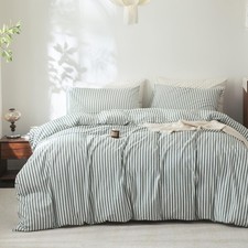 FOSSA Striped Duvet Cover Set 100 Washed Cotton Linen Feel Super Soft Breath...