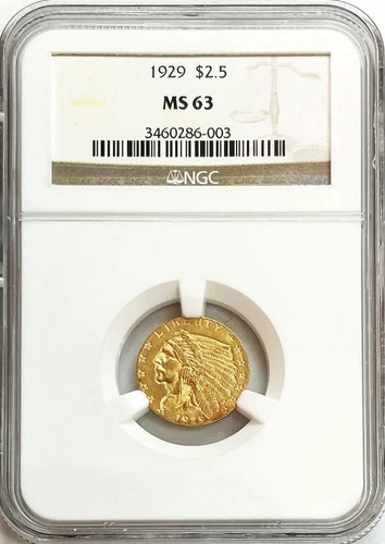 1929 GOLD USA $2.50 INDIAN HEAD QUARTER EAGLE COIN NGC MINT STATE 63