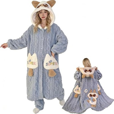 Women's cute Kawaii button bathrobe hoodie coat plush warm pajamas and trouse...
