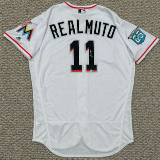 REALMUTO size 48 #11 2018 Miami Marlins game Jersey issued home white Auto'd MLB