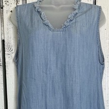Toofan Boho Chambray Dress Frayed Trim Pockets XL Blue Sleeveless Easy Wear VTG