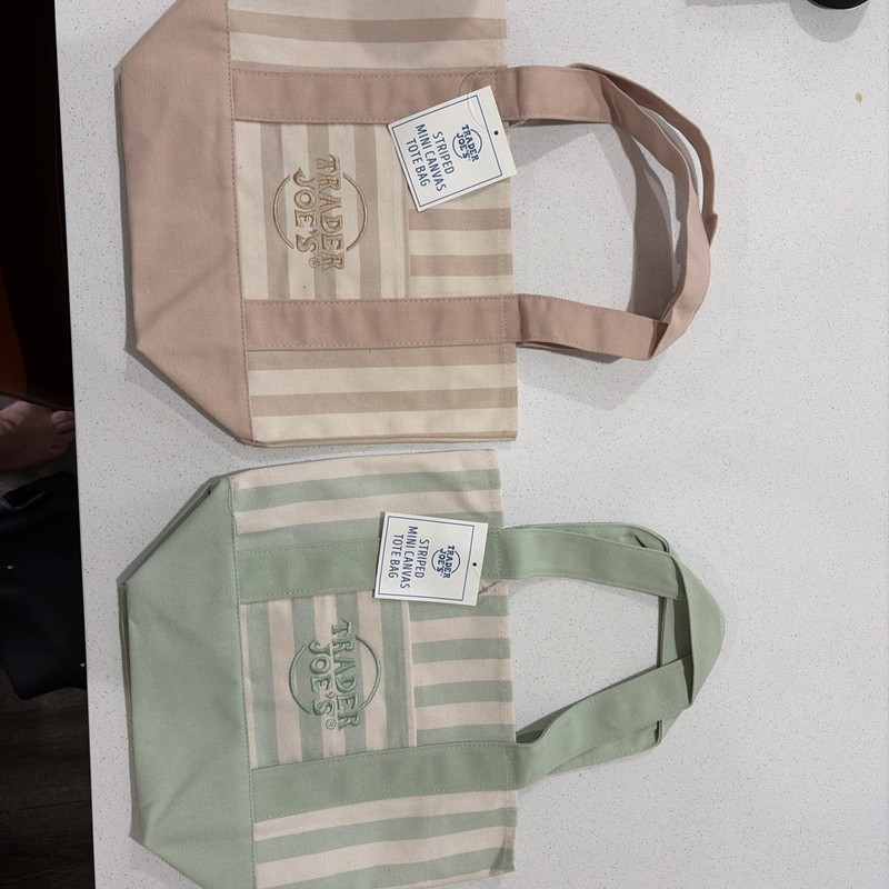 Trader Joe's Striped Canvas Mini Tote Bag Beige Green NWT