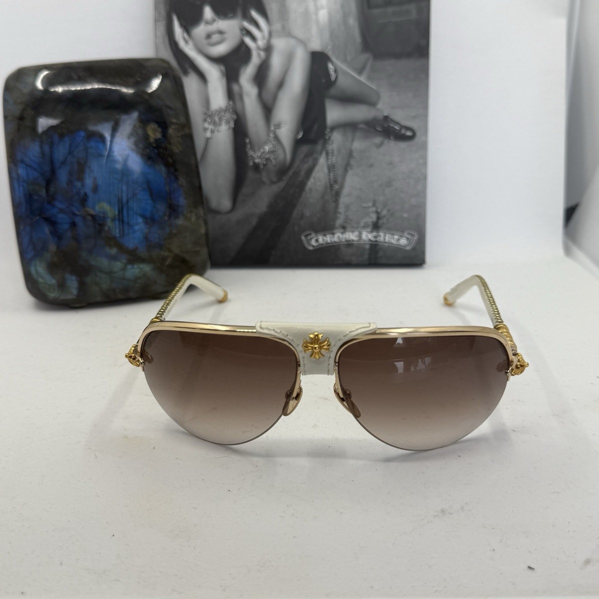 Chrome Hearts Aviator Oversized Gold Metal Sunglasses Brown 
