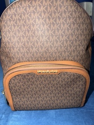 Michael Kors Women s Brown Monogram Backpack Tan Trim Gold Double Zip 