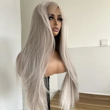Long Straight Synthetic Hair Heat Resistant Silver gray Soft Lace Front Wig