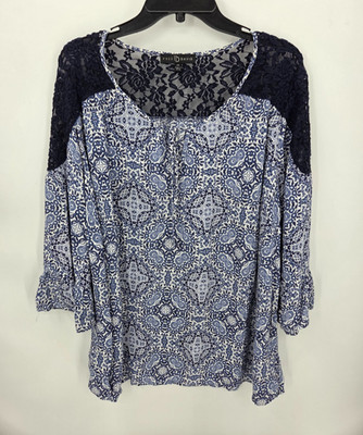 Fred David Blouse Womens Plus 2X Blue Floral Mixed Media Long Sleeve Boho Top