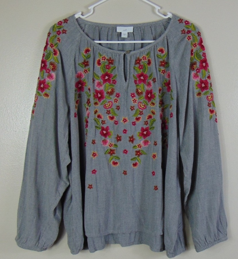 J.Jill Womens Size XL Blue Chambray Embroidered Blouse top Peasant Extra Large