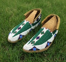 Native American Beaded Powwow Moccasins Green Geometric Beads Leather MC617