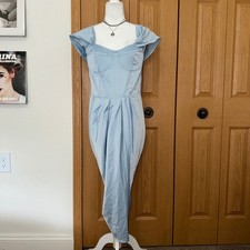 PrettyLittleThing Baby Blue Corset Draped Bardot Midi Dress US 10 NWT Cocktail