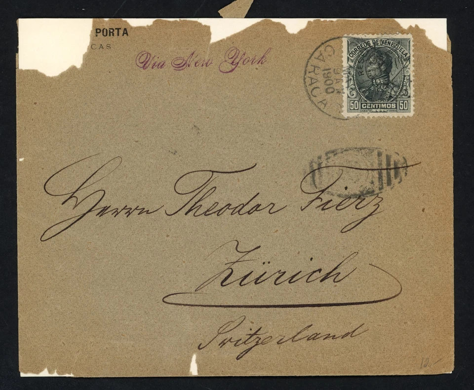 Cubierta Venezuela 1900 a Zurich, 50c Bolívar Resello Sobreimpresión Caracas Foto 2 de 3