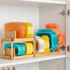 2-Tier Bamboo Container Lid Organizer with Dividers for Cabinet  Natural
