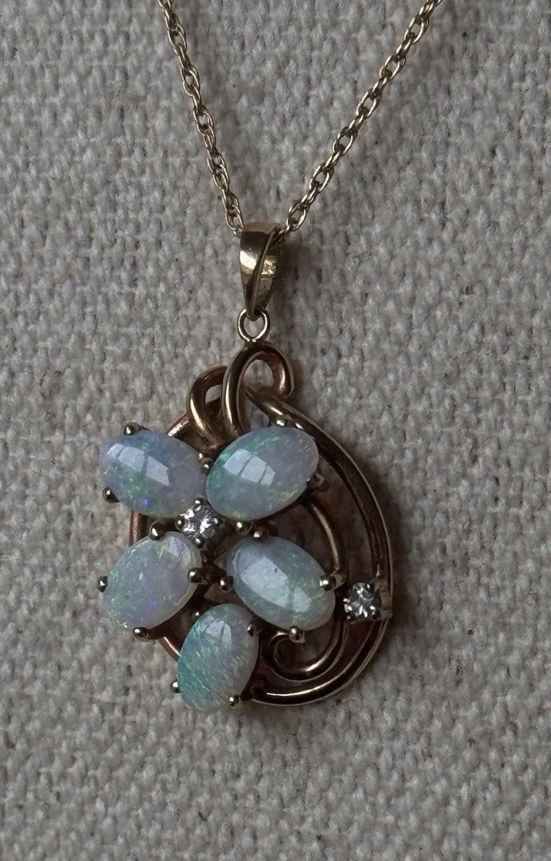 14K Solid Yellow Gold Flower Opal/Moissanite Pend… - image 6