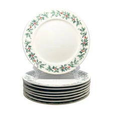 Baum Brothers “Holly” Set of 8 Porcelain Christmas Dinner Plates 10 1/2”