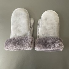 Suede & Sheepskin Shearling Unisex Kids Mittens Grey GUC