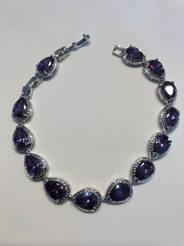 925 Sterling Silver Purple Amethyst Teardrop Gemstone Bracelet , Bangle. 7-8” - Picture 7 of 13