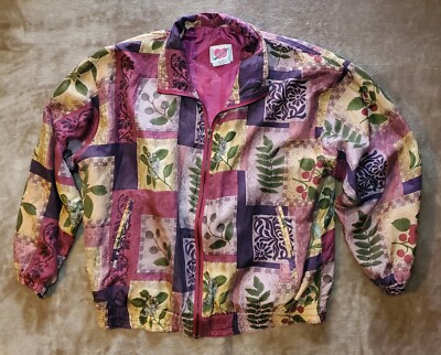 Y2K Keren Hart 100% Silk Jacket Zip Front Coat Floral Print Women L Large Cottag